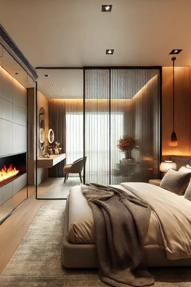 Suite de hotel reformada por Clapham+Partners, con baño integrado y luz cálida