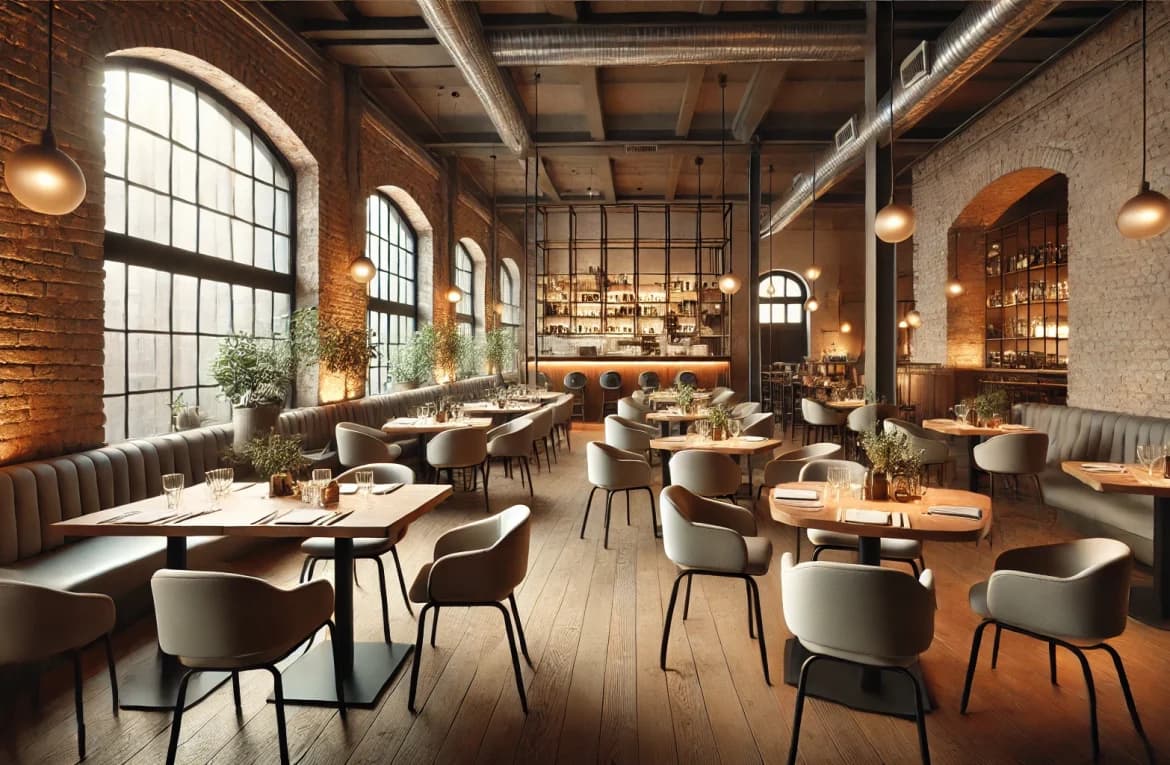 Sala de restaurante con ladrillo visto, barra de diseño y luz natural, Madrid