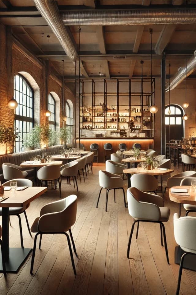 Restaurante reformado con ladrillo visto y mesas de madera, Madrid